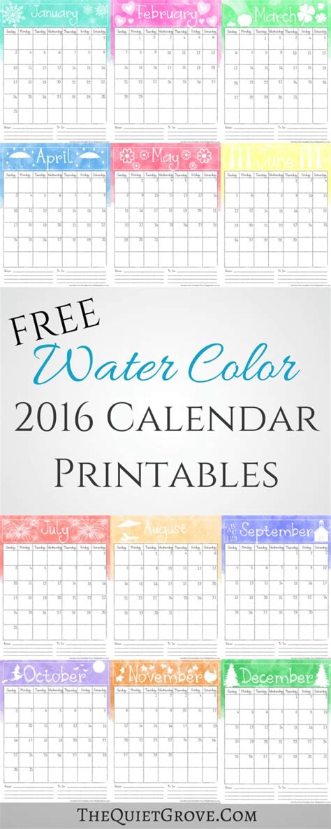 watercolor  printable calendar  quiet grove printable