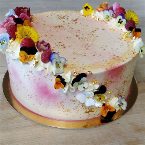 lemon raspberry cake  edible flowers  gold leaf baking