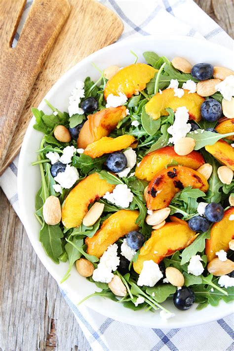 grilled peach blueberry  goat cheese arugula salad