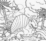 Jurassic Dimetrodon Triassic Volcano Kolorowanki Reptile Dinosaur Druku Habitat Permian Swamp Wetland Lizard Teenagers sketch template