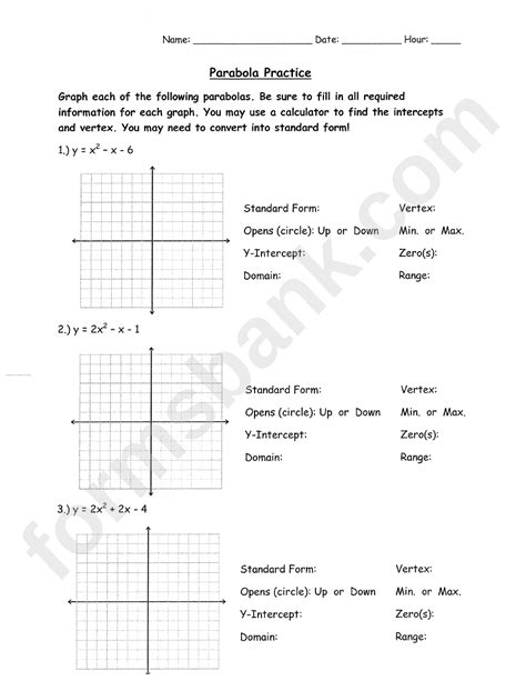 parabola practice graphing quadratics  standard form math worksheet