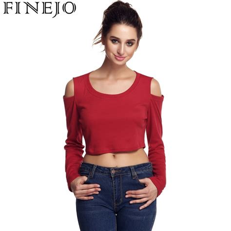 Finejo Sexy Women T Shirt Off Shoulder Crop Tops Long Sleeve O Neck