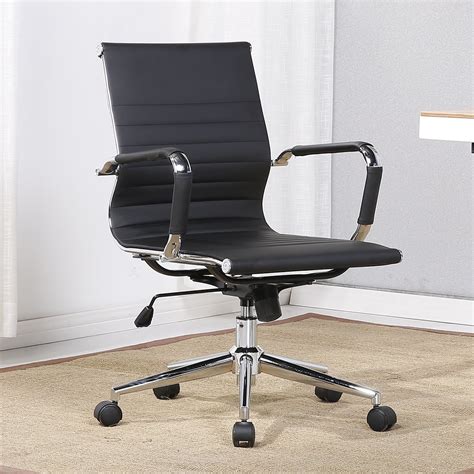 belleze mid  faux leather adjustable swivel office chair soft ribbed armrest black