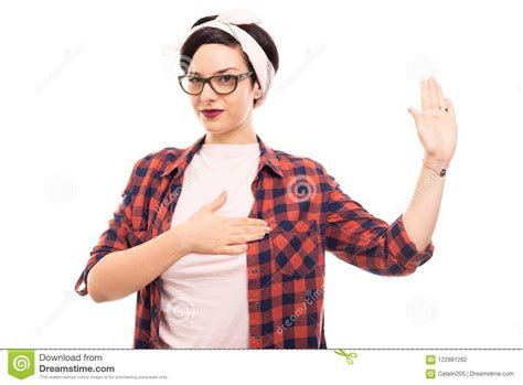 Pretty Pin Up Girl Wearing Glasses Showing Oath Gesture