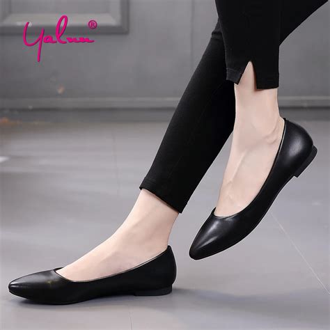 pointed toe flats shoes spring office work solid slip  shoes  women  size white black
