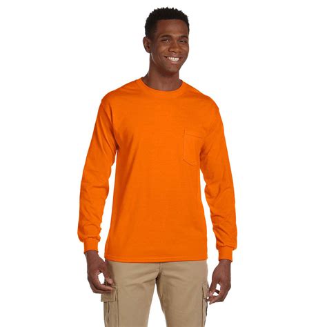 gildan mens  orange ultra cotton  oz long sleeve pocket  shirt