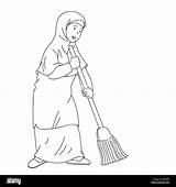 Sweeping Broom Woman Maid Cartoon Alamy Stock Muslim Clean Coloring Book sketch template