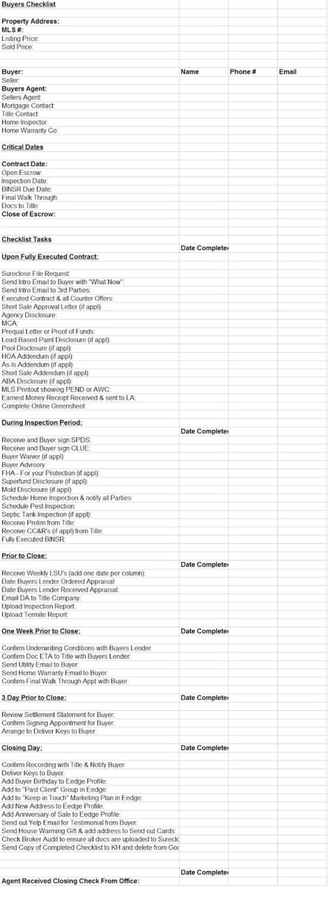 home buyers checklist excel template template sample