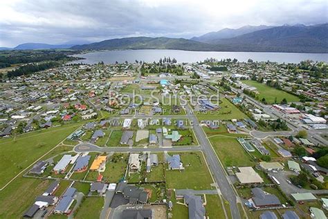 aerial view  te anau township southen lake te anau  fiordland mountains  te anau