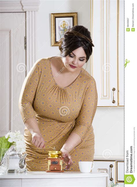 Plus Size Fashion Model On Kitchen Fat Woman On Luxury