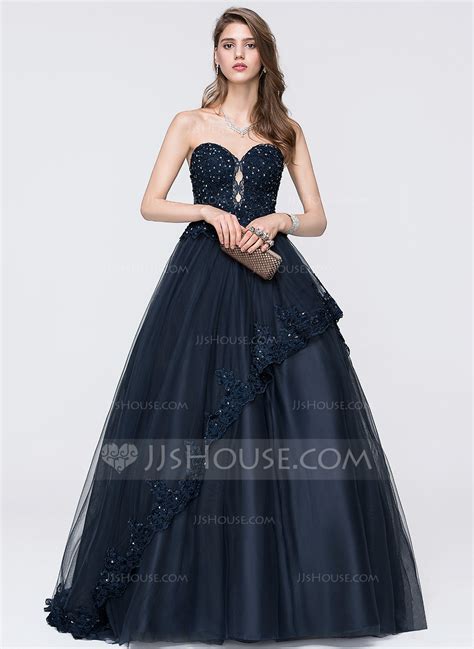 ball gown sweetheart sweep train tulle prom dresses with beading
