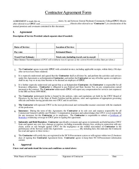 sample contractor agreement forms   ms word excel