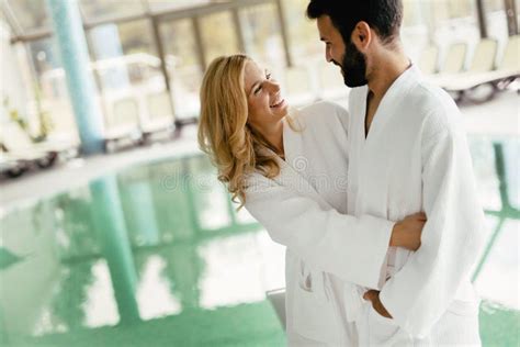 Happy Couple Relaxing At Wellness Spa Center Stock Image Image Of