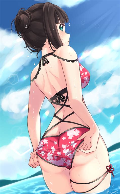 Safebooru 1girl Absurdres Adjusting Clothes Adjusting Swimsuit Ascii