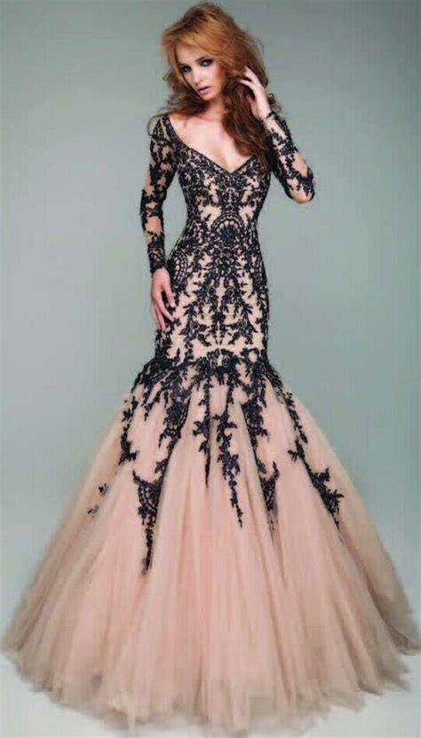 sexy mermaid v neck champagne tulle black lace long sleeve evening prom