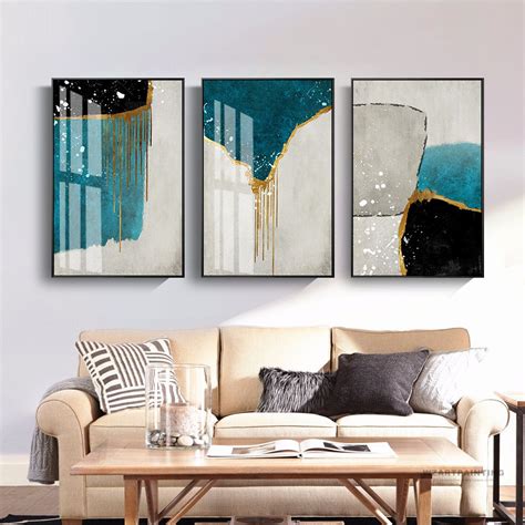 framed wall art  piece set   prints abstract gold navy grey blue print painting  canvas