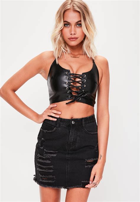 missguided black faux leather lace up bralet lyst