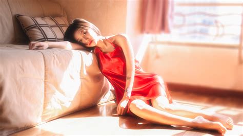 wallpaper red skirt asian girl bedroom sunshine 3840x2160 uhd 4k picture image
