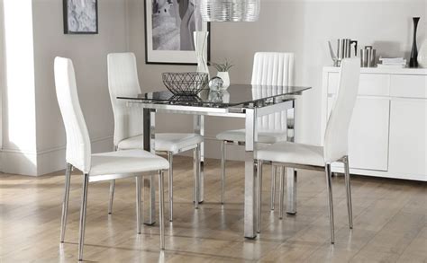 Space Square Chrome And Black Glass Extending Dining Table With 4 Leon
