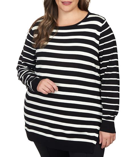 Ruby Rd Plus Size Striped Print Knit Crew Neck Long Sleeve