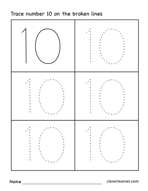 number ten writing counting  identification printable worksheets