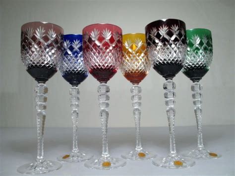 314 Six Multi Colored Overlay Cut Crystal Wine Glasses Lot 314