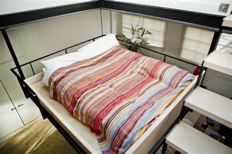 london studio apartment  suspended bed  rooftop garden living   shoebox