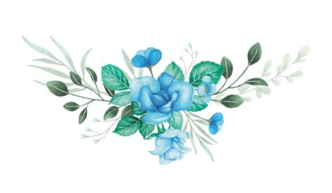 watercolor flowers bouquet  blue roses  green leaves
