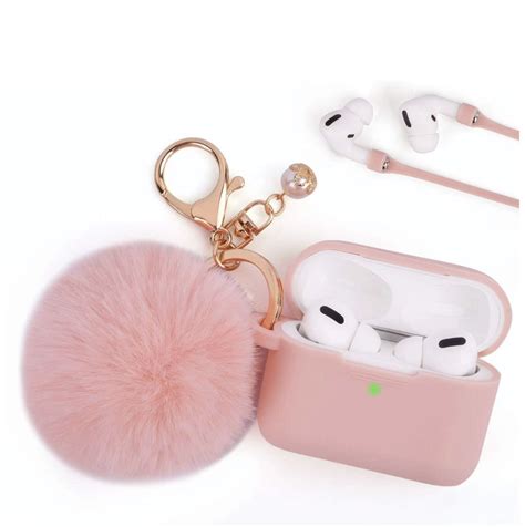 pink airpods pro case  pompom keychain    airpods pro phone accessories shop