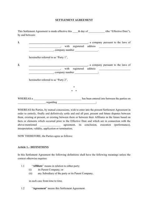 Settlement Agreement Template In Word And Pdf Formats