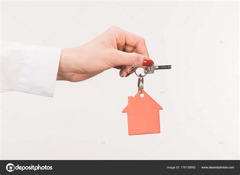 Cropped Image Female Hand Holding Key House Isolated White — Stock