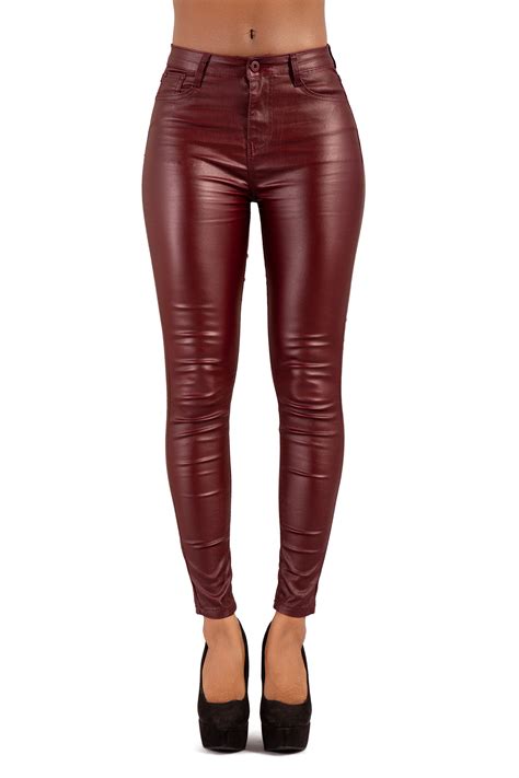 womens burgundy leather  trousers ladies sexy skinny fit jeans