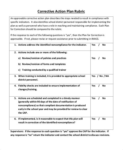 corrective plan  action sample master  template document