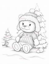 Coloring Bear Winter Pages Stamps Etsy Digi Snow Digital Stamp Cute Sold sketch template