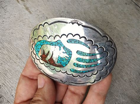 sterling silver belt buckle  men  crushed turquoise  coral bear claw design native