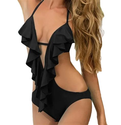 Sexy Plunging Neck Flouncing One Piece Swimsuit High Cut Out Trikini