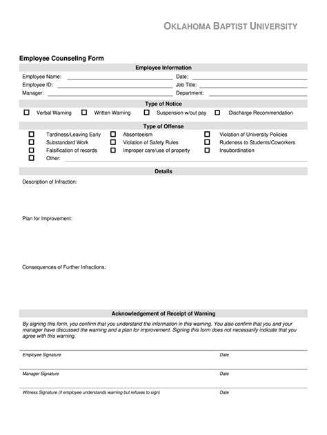 okbu employee counseling form fill  sign printable template