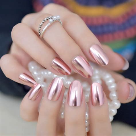 matte metal nail art tips light pink metallic mirror pre designed fake