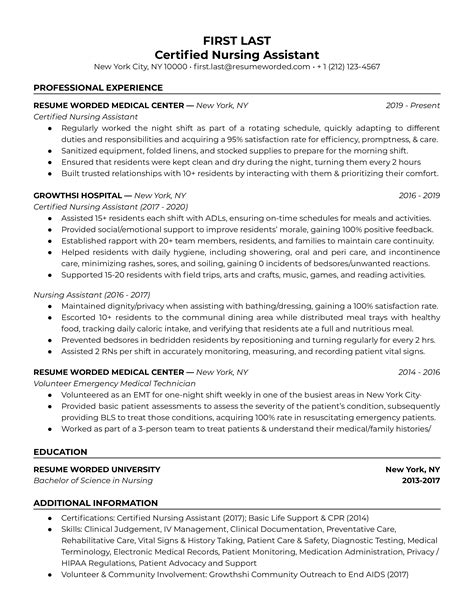 certified nursing assistant resume examples   resume worded