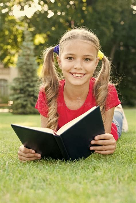 Small Girl Cute Hairstyle Reading Book Relaxing Nature Background