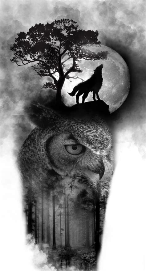 Owl Trees Woods Wolf Tattoo Design Татуировка с волком Плюшевая сова