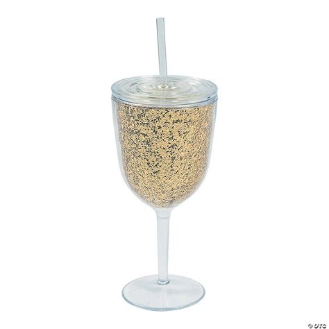 gold glitter plastic wine glass with lid and straw