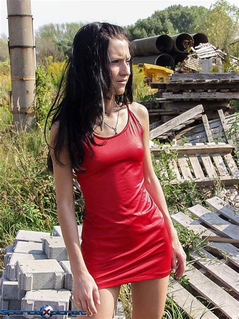 skinny girl in red spandex dress
