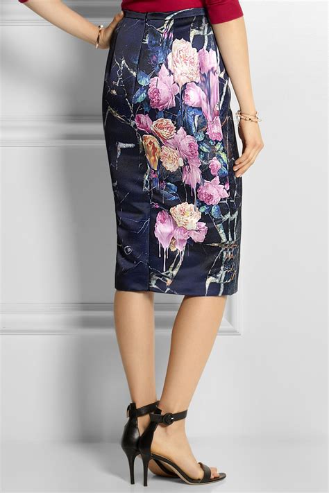 msgm floral print satin pencil skirt in blue lyst