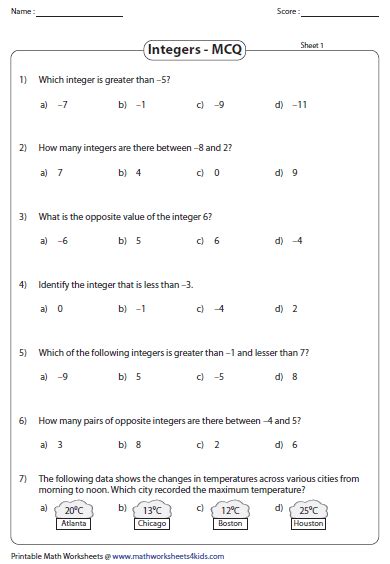 integers worksheets