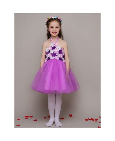 Purple Tulle Flowers Pageant Dress With Halter Strap Efl13