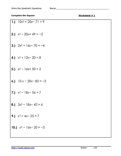 solving quadratic equations  completing  square worksheet db