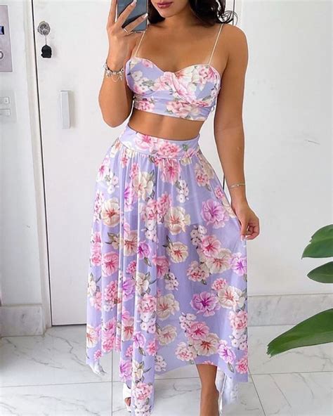 spaghetti strap floral print crop top and skirt set chicme