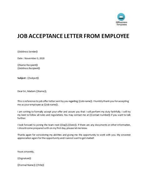 acceptance letter  job offer templates  allbusinesstemplatescom