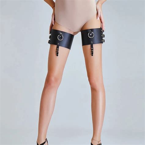 female sexy leather punk garters belt black thigh leg harness goth